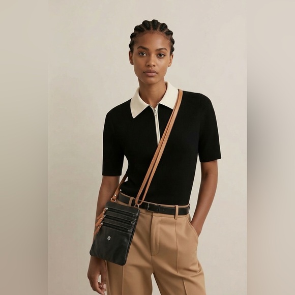 Handbags - Black Leather Crossbody Bag with Tan Strap